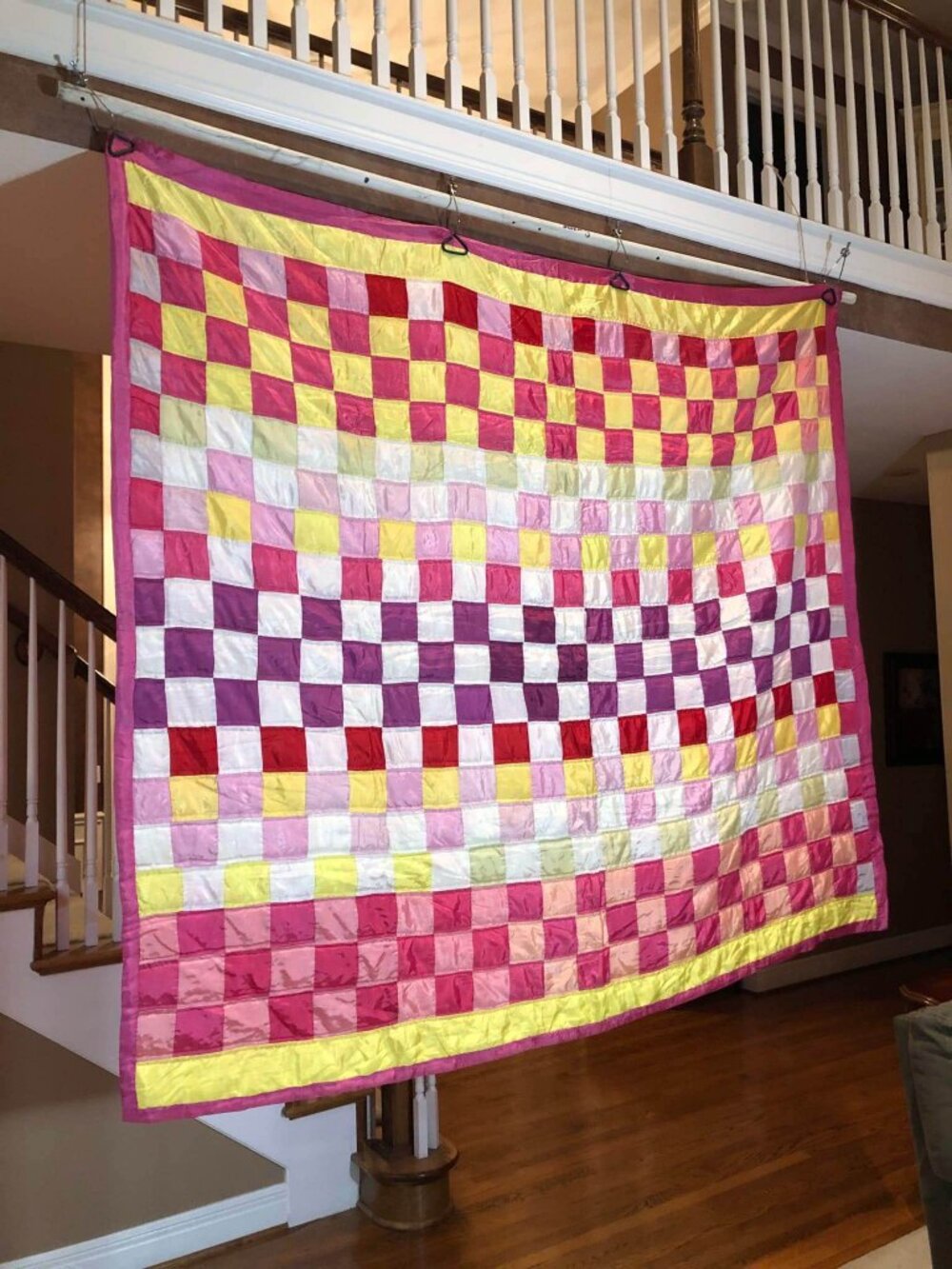 Vintage hand sewn pink taffeta bedspread - 84” x 72”